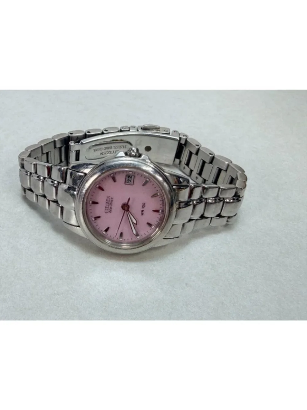 Citizen Eco-Drive Pink Dial WR100 Ladies Watch Stainless Steel Date Japan Works